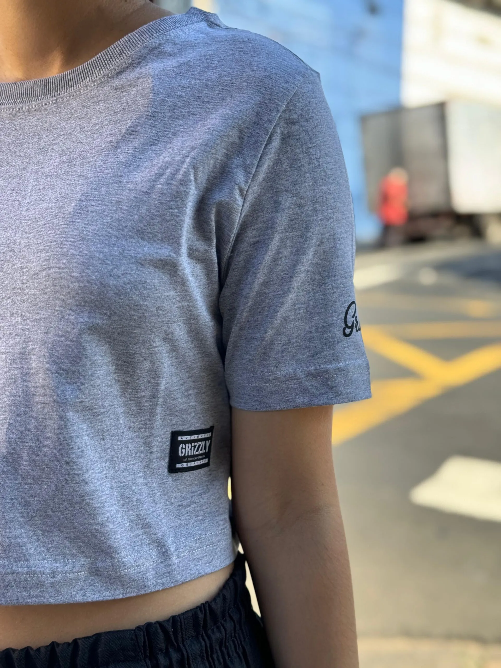 CROPPED GRIZZLY SCRIPT SLEEVE GIRLS TEE CINZA - Imagem 2