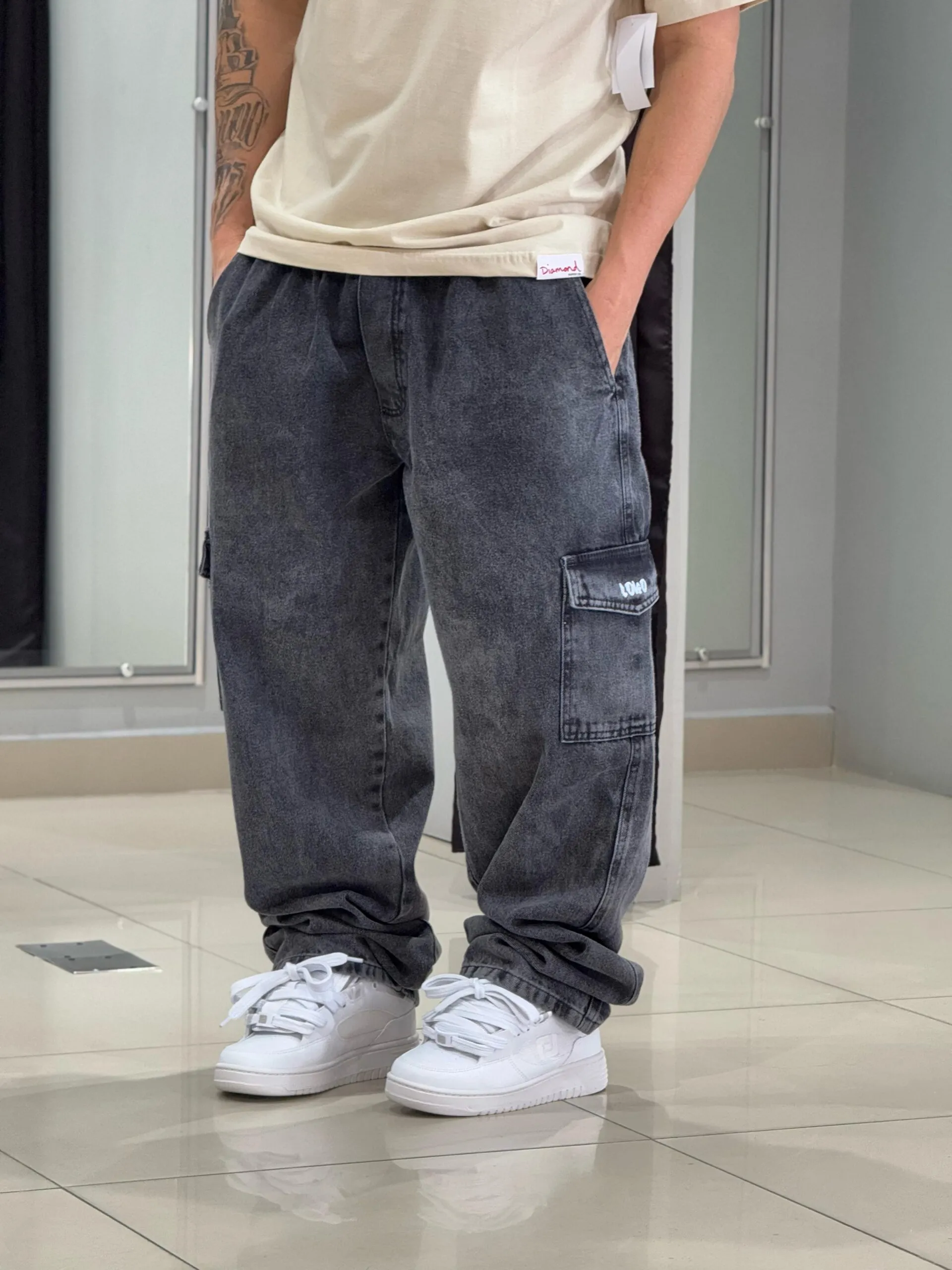 Calça Cargo Loko Jeans Estonado Escuro