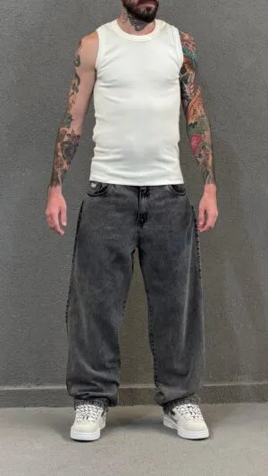 Calça Balão Baggy Jeans Grafite Marmorizada