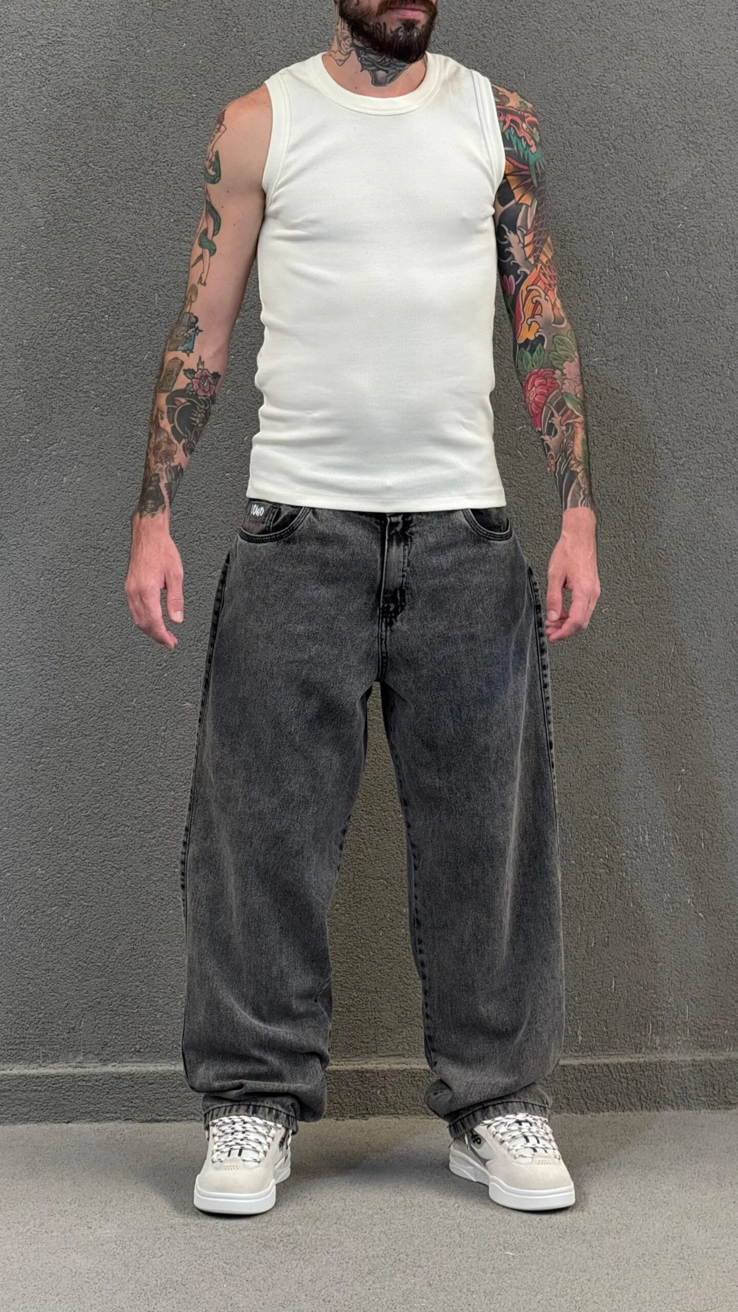 Calça Balão Baggy Jeans Grafite Marmorizada